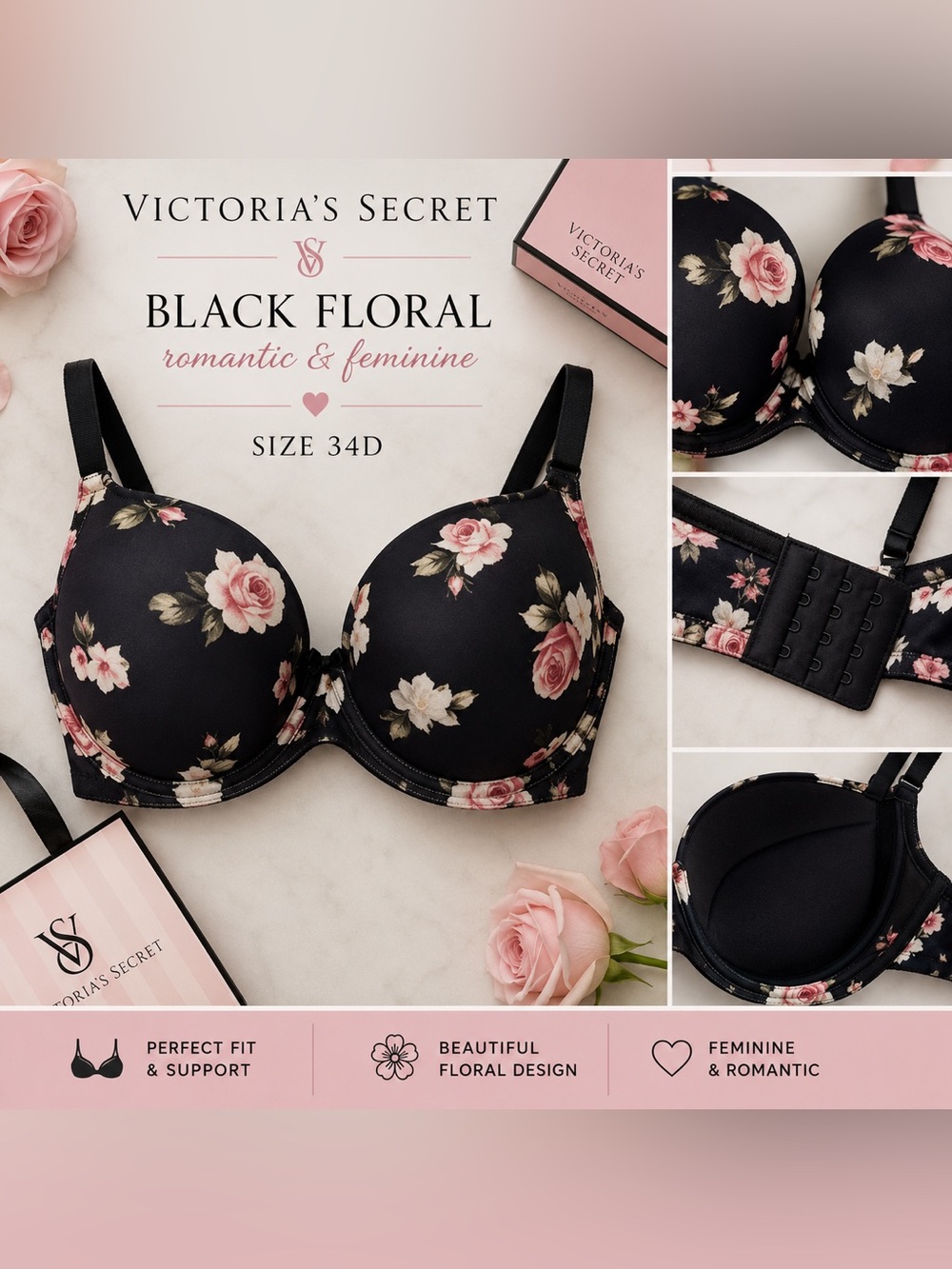 Victoria's Secret Black Floral romantic feminine Bra/size 34D